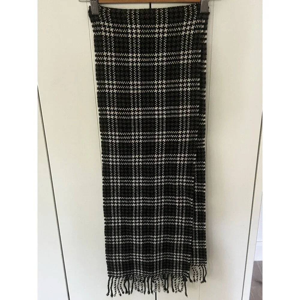 Charter Club 100% Cashmere Scarf Black Grey White Plaid Fringe Preppy Knit
